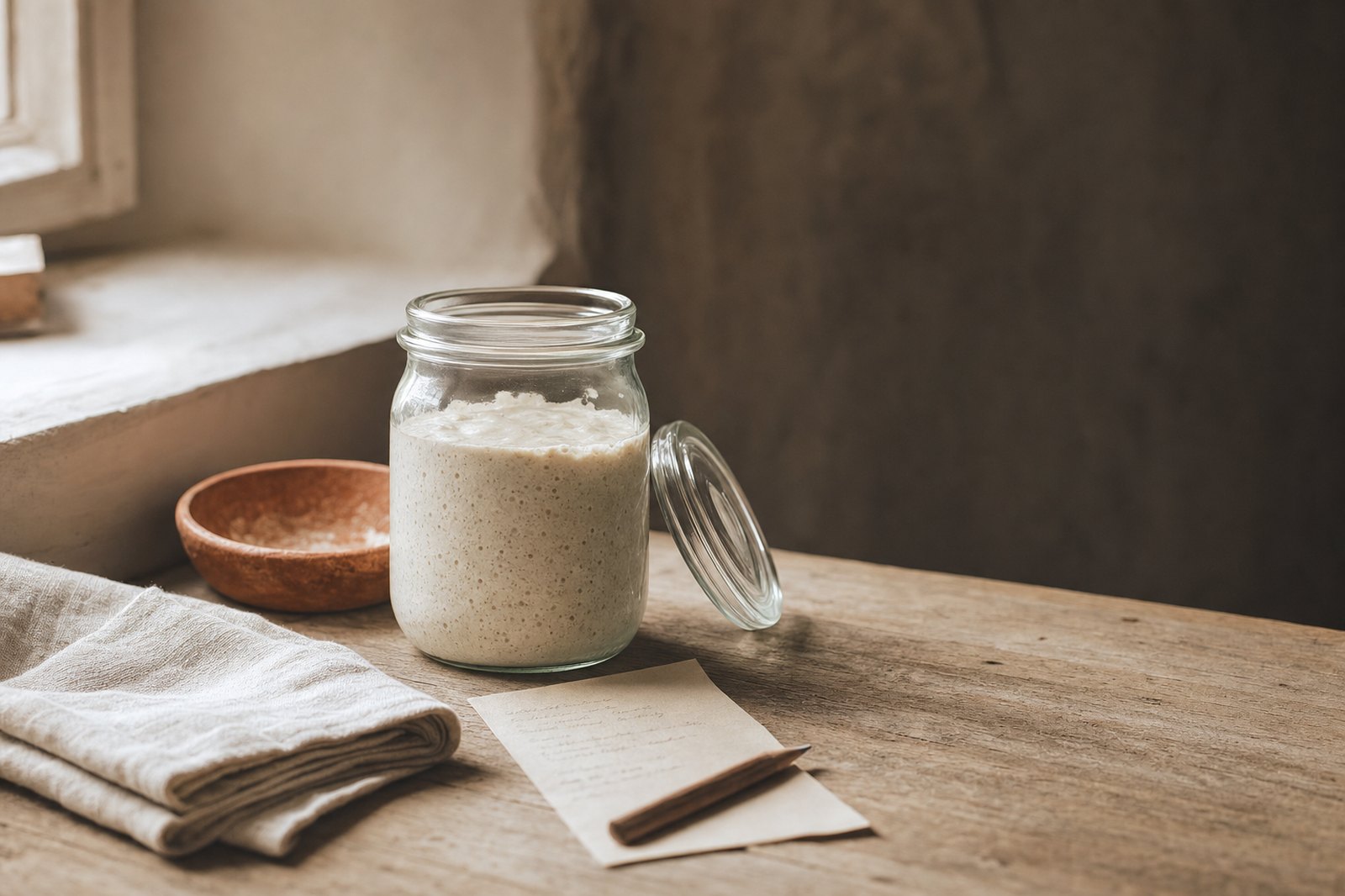A folded linen napkin and a handwritten note beside a jar of sourdough starter on a wooden table in soft morning light