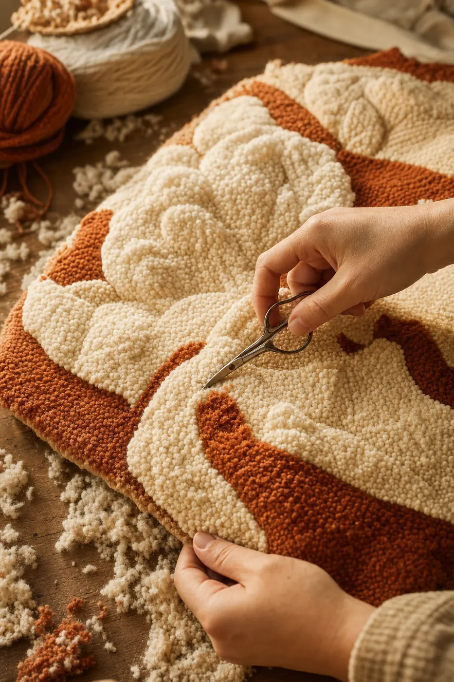 Hands carving into a dense wool pile with small curved appliqué scissors to sculpt a dimensional design.