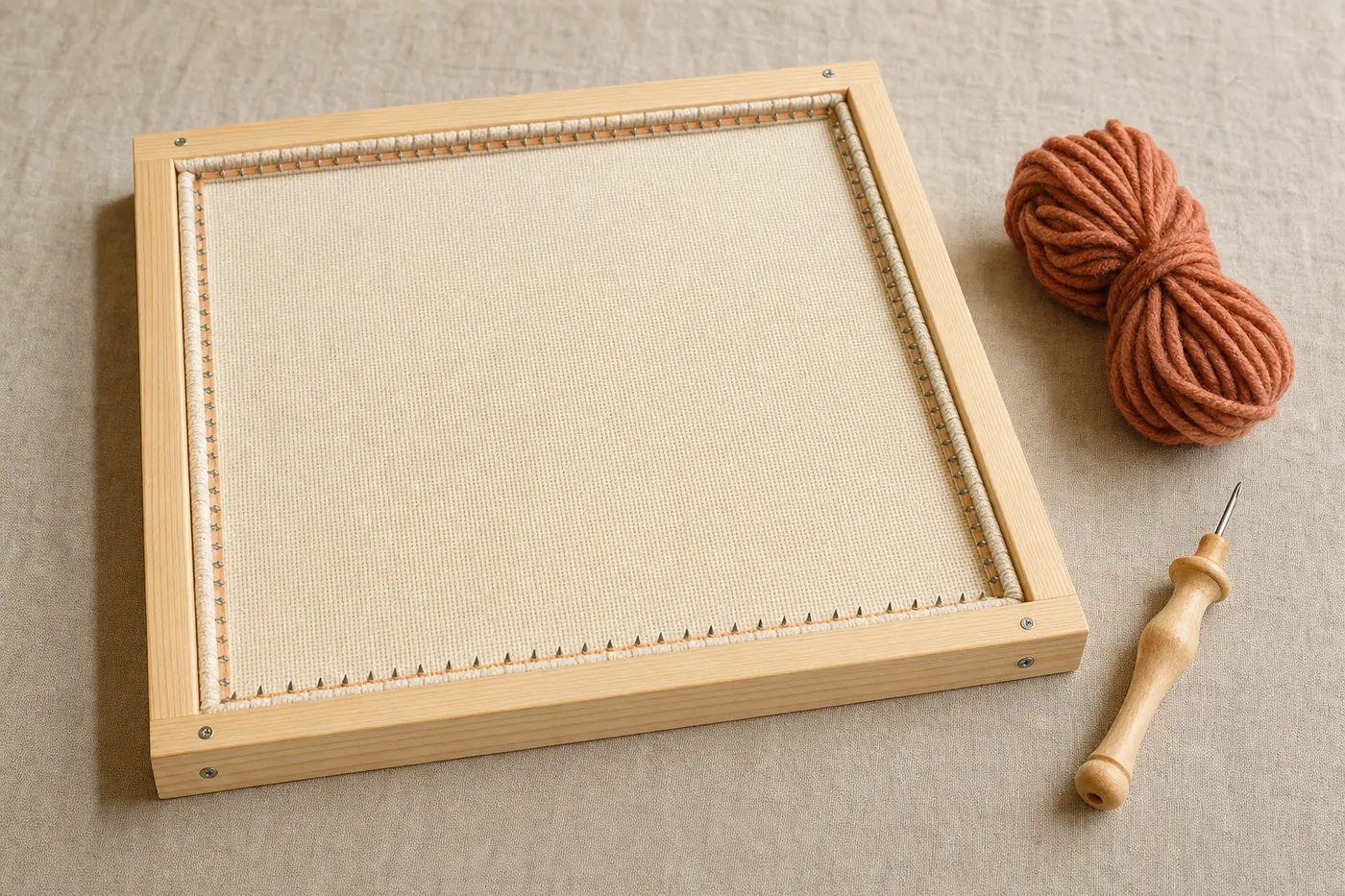 A finished DIY punch needle lap frame: a square of pine 1×2 boards butt-joined at the corners, with carpet tack strip along the inside top edge of each side, holding a piece of cream monks cloth drum-tight. A skein of terracotta wool yarn and a wooden Oxford punch needle sit beside it for scale.