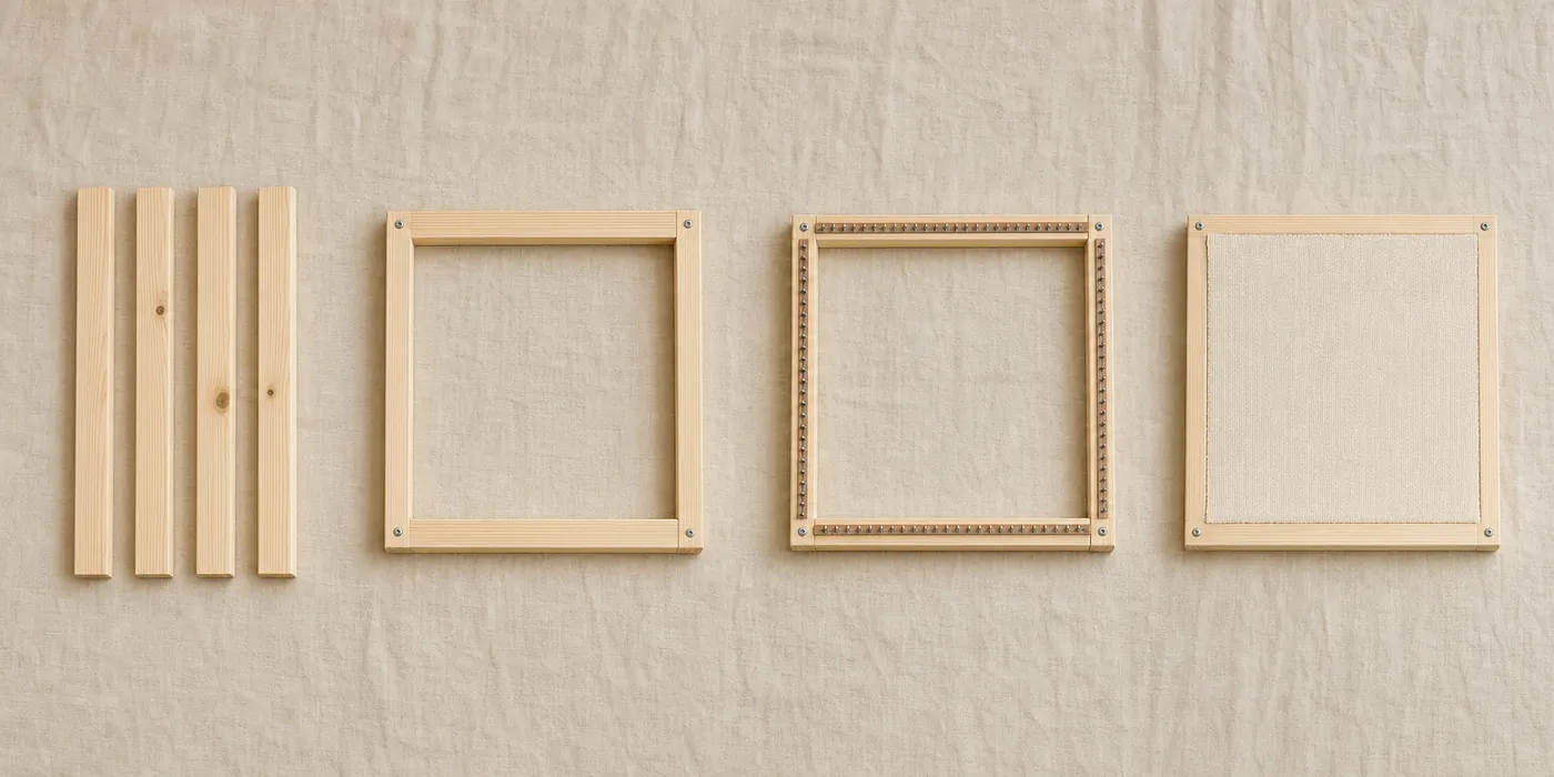 Four stages of the frame build shown left to right on a linen surface: four separate pine boards; the same boards assembled into an empty square frame with screws at each corner; the assembled frame with carpet tack strip attached along the inside edges of all four sides; and the completed frame with monks cloth stretched drum-tight across it.