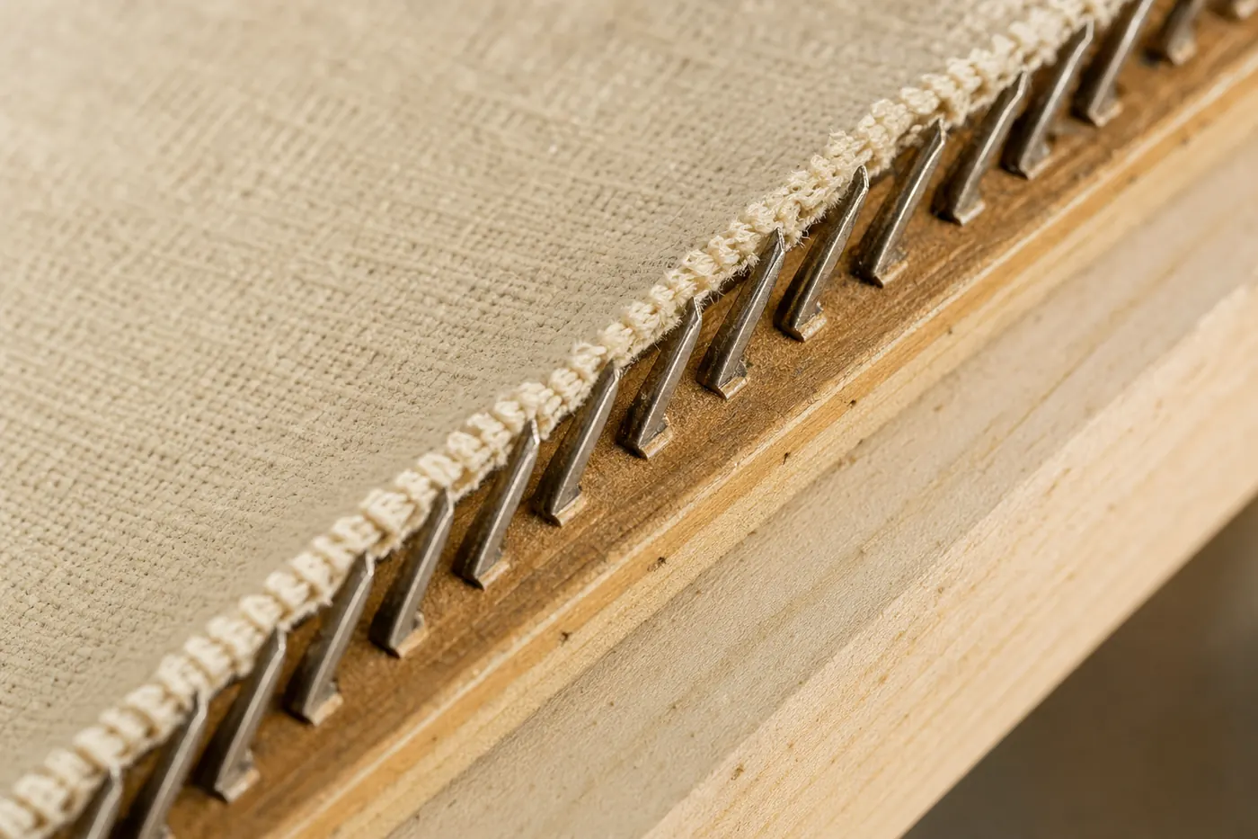 Macro close-up of carpet tack strip mounted along a pine frame board. The sharp metal teeth angle outward and upward away from the wood. A corner of cream monks cloth is pressed onto the teeth on one side, gripped in place.