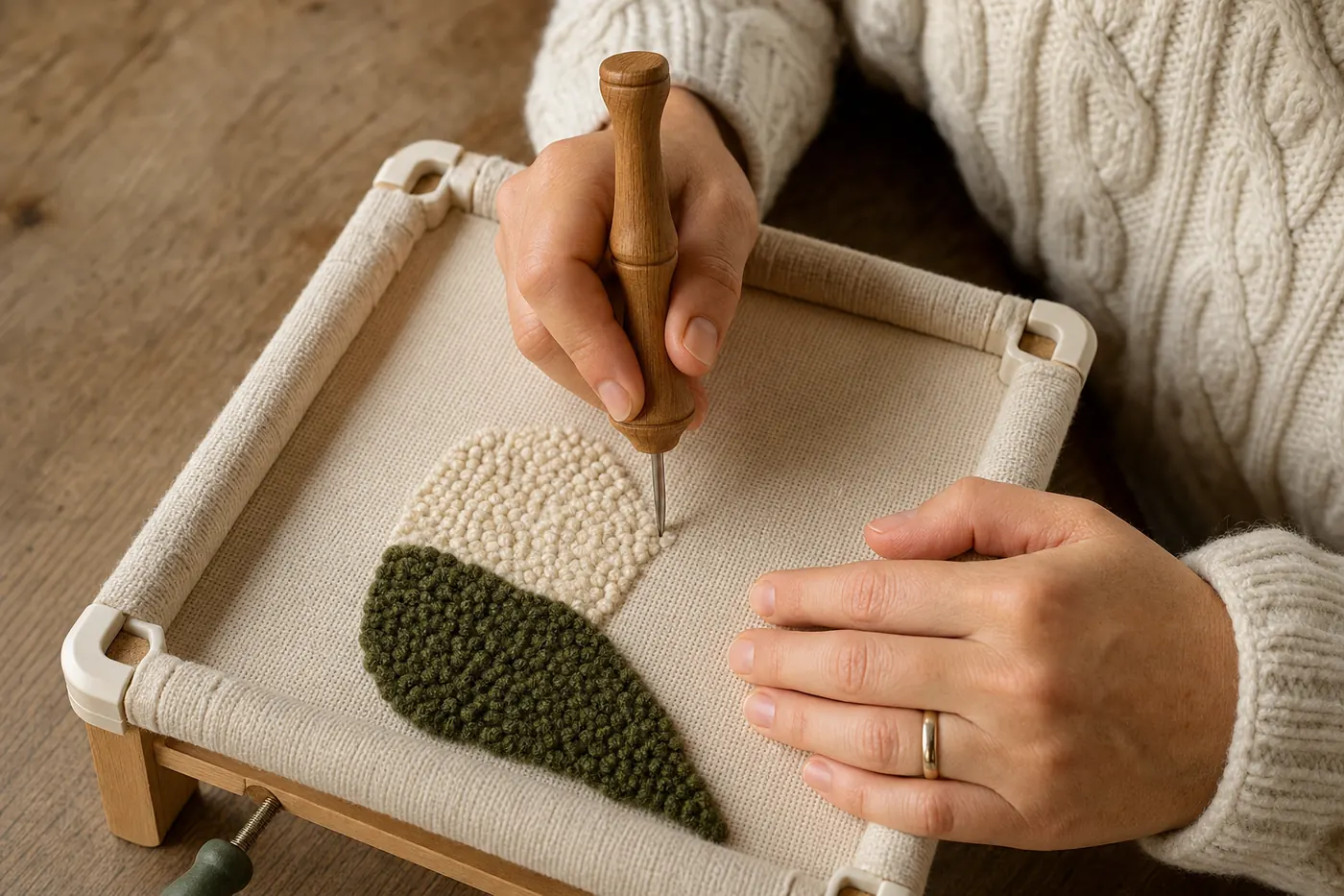 Hands punching a small design on a wooden gripper frame