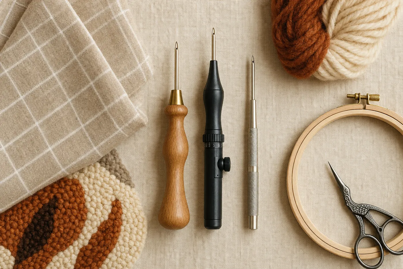 Flat lay of three punch needle types — wooden Oxford, black adjustable, and small fine embroidery — alongside monks cloth, wool yarn, a wooden hoop, and appliqué scissors on an oatmeal linen surface.