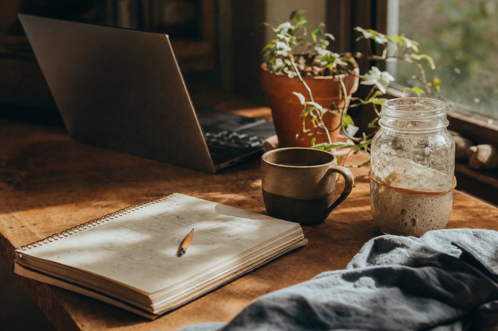 A home desk in warm afternoon light: laptop, notebook, coffee, and a jar of sourdough starter